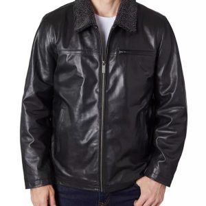 Perry Ellis Men's Zipper Black Leather Jacket