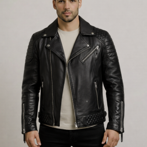 Black Biker Leather Jacket For Men Quilted Style