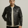 Frye Men's Classic Black Leather Snap Front Trucker Jacket