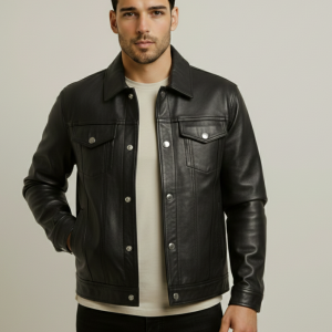 Frye Men's Classic Black Leather Snap Front Trucker Jacket