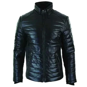 Genuine Quilted Mens Casual Real Black Leather Puffer Jacket