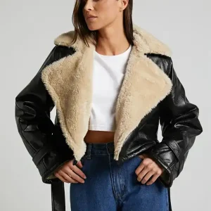 Lioness Off Duty Black Shearling Leather Jacket
