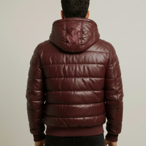 MEN’S PUFFER HOODED QUILTED LAMBSKIN LEATHER JACKET