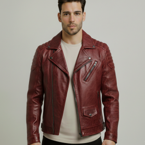 Men Red Biker Leather Moto Style Jacket