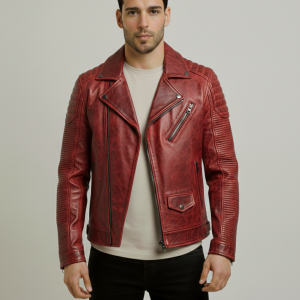 Men Waxed Biker Red Leather Motorcycle Jacket