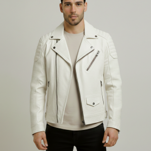 Men White Pearl Motorcycle Leather Jacket