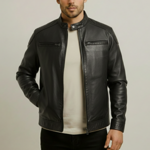 Men's Bantam Racer Style Lamb Black Leather Jacket