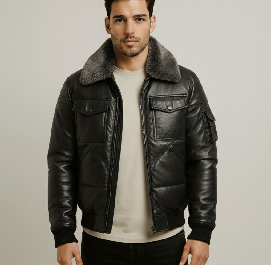 Men’s Black Hair On Collar Puffer Bomber Leather Jacket