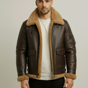Men's Brown B3 Flying Aviator Shearling Leather Long Jacket