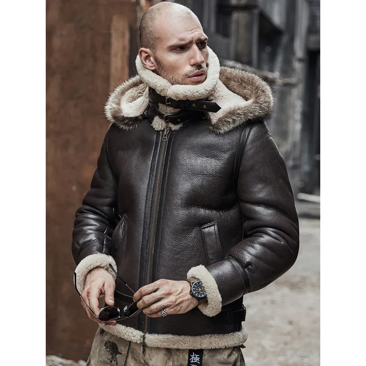 Mens Brown Hooded B3 RAF Aviator Sheepskin Shearling Jacket - Image 2