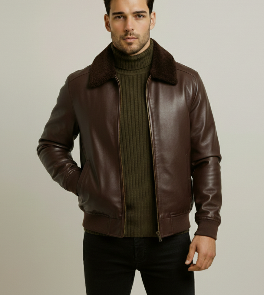 Men's Cadman Faux Brown Leather Fleece Lined Aviator Jacket