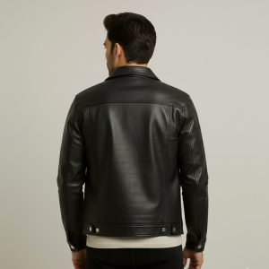 Men's Classic Leather Snap Front Trucker Jacket - Free Shipping
