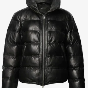 Mens Leather Quilted Puffer Jacket In Black