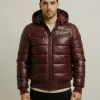 Men’s Puffer Hooded Quilted Lambskin Maroon Leather Jacket