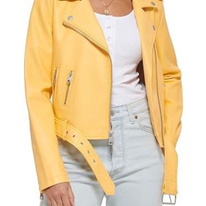 Women's Faux Leather Belted Motorcycle Yellow Jacket