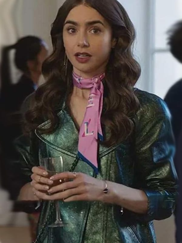 Emily In Paris S04 Lily Collins Green Leather Jacket - Image 3