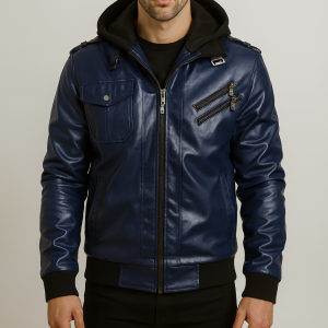 Mens Blue Leather Bomber Jacket with Removable Hood