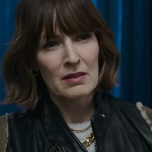 Alternative view of Rosemarie DeWitt Smile 2 2024 Black and Brown Leather Jacket