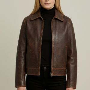 Women Distressed Brown Leather Jacket - Naj