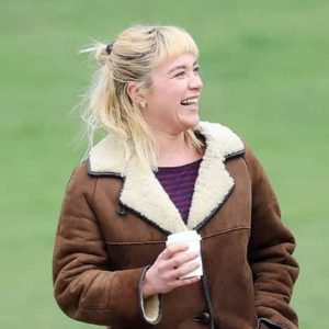 Florence Pugh We Live in Time Brown Shearling Leather Jacket