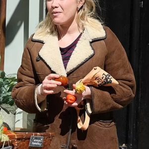 Florence Pugh We Live in Time Brown Shearling Leather Jacket Sale