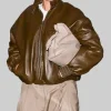 Hailey Bieber Brown Leather Bomber Jacket