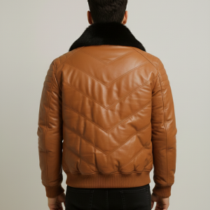 Brown Hooded Leather Puffer Jacket