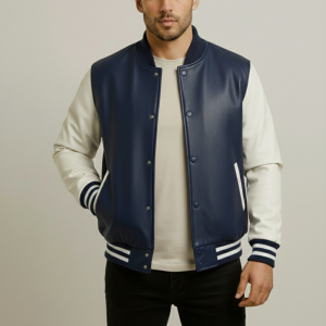 Men Blue and White Real Leather Jacket