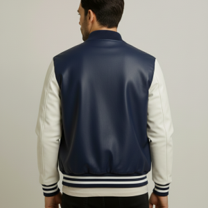 Men Blue and White Real Leather Jacket Sale
