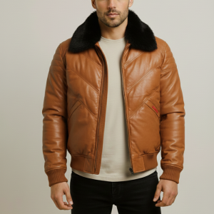 Men Puffer Brown Real Leather Fur Jacket