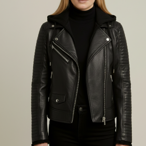 Slim Fit Black Hooded Real Leather Jacket