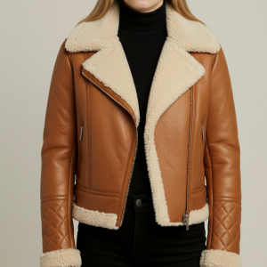 Stylish Brown Real Leather Shearling Aviator Jacket Womens