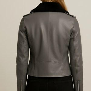 Ash Grey Biker Jacket - Shearling Collar Moto Leather – 40% Off Sale