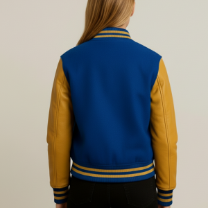 Blue Varsity Jacket with Yellow Genuine Leather Sleeves