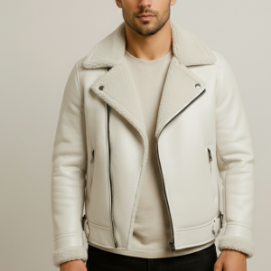 Men B3 White Shearling Biker Style Leather Jacket