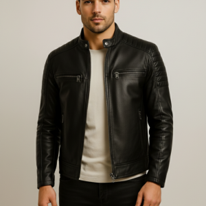 Men Quilted shoulder Black Leather Jacket | 40% Off Sale