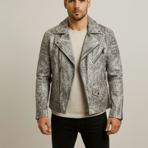 Men Storm Grey Biker Leather Motorcycle Jacket