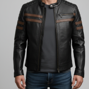 Men's Black Leather Biker Jacket with Brown Stripes | 40% off Sale