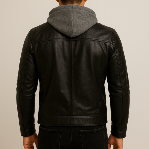 Alternative view of Men’s Black Leather Jacket with Removable Hood