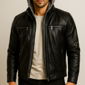 Men’s Black Leather Jacket with Removable Hood