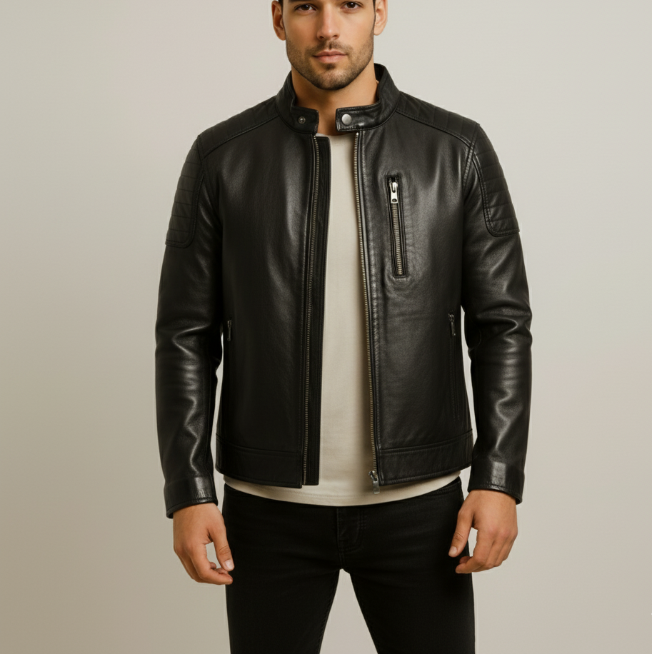 Men's Black Stand-Up Collar Leather Biker Jacket | 40% off Sale