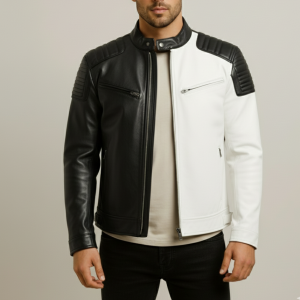 Men's Black & White Two-Tone Leather Biker Jacket