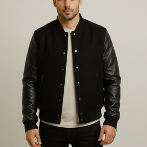 Mens Black Wool and Black Leather Sleeve Varsity Jacket | At NAj