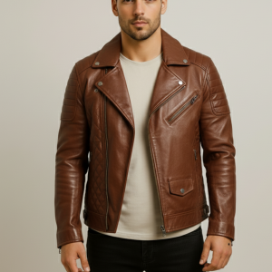 Men's Brown Quilted Shoulder Leather Biker Jacket