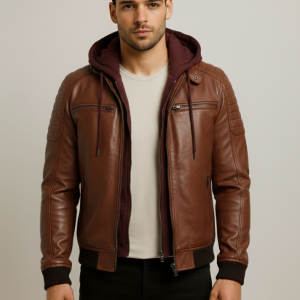 Mens Cognac Leather Jacket With Hood