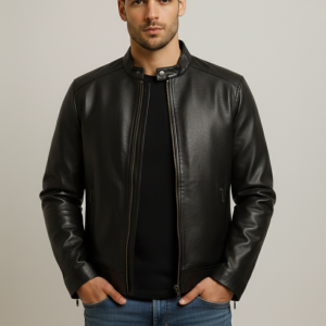 Mens Genuine Lambskin Black Cafe Racer leather Jacket