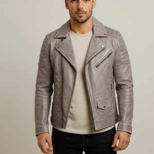 Men's Grey Quilted Shoulder Leather Biker Jacket | 40% off Sale