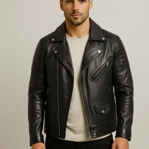Mens Hudson Black Biker Leather Jacket 40% Off Sale