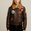 Men's Patched Brown Leather G-1 Bomber Jacket | Fur Collar