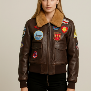 Men's Patched Brown Leather G-1 Bomber Jacket | Fur Collar